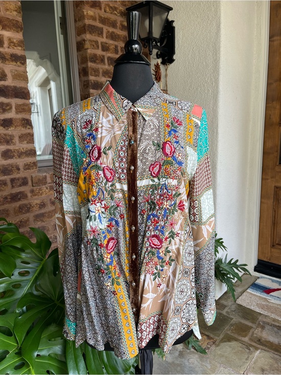 Aratta Tops - Aratta Brown Teal & White Mixed Print Blouse
